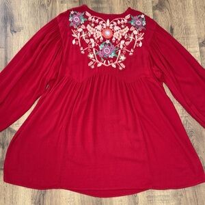 Umgee Red Blouse with Floral Embroidery Size M